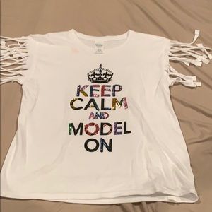 White t-shirt with Keep Calm and model on